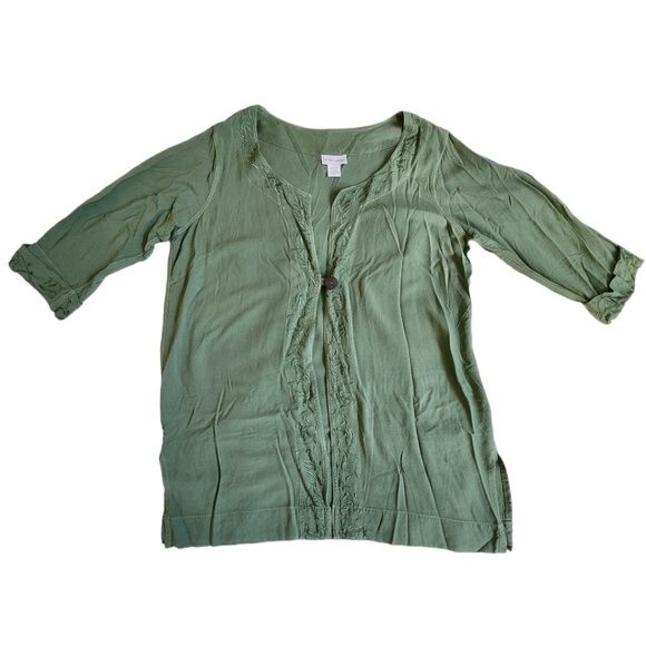 Soft Surroundings Green Embroidered 3/4 Sleeve 1 Button Cardigan Size XL - Picture 1 of 12